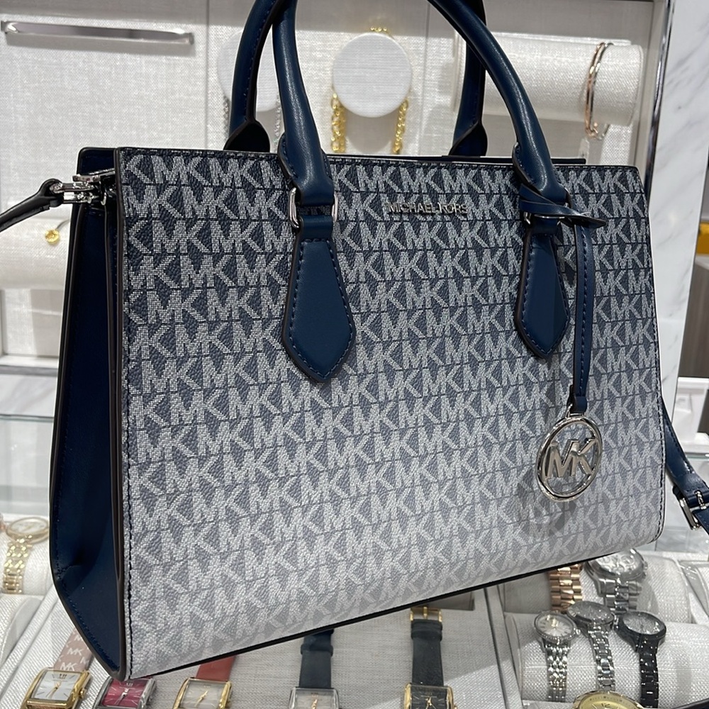 MICHAEL KORS Sheila Medium Ombré Signature Logo CZ Satchel Crossbody 
Navy 
NWT - Picture 4 of 16